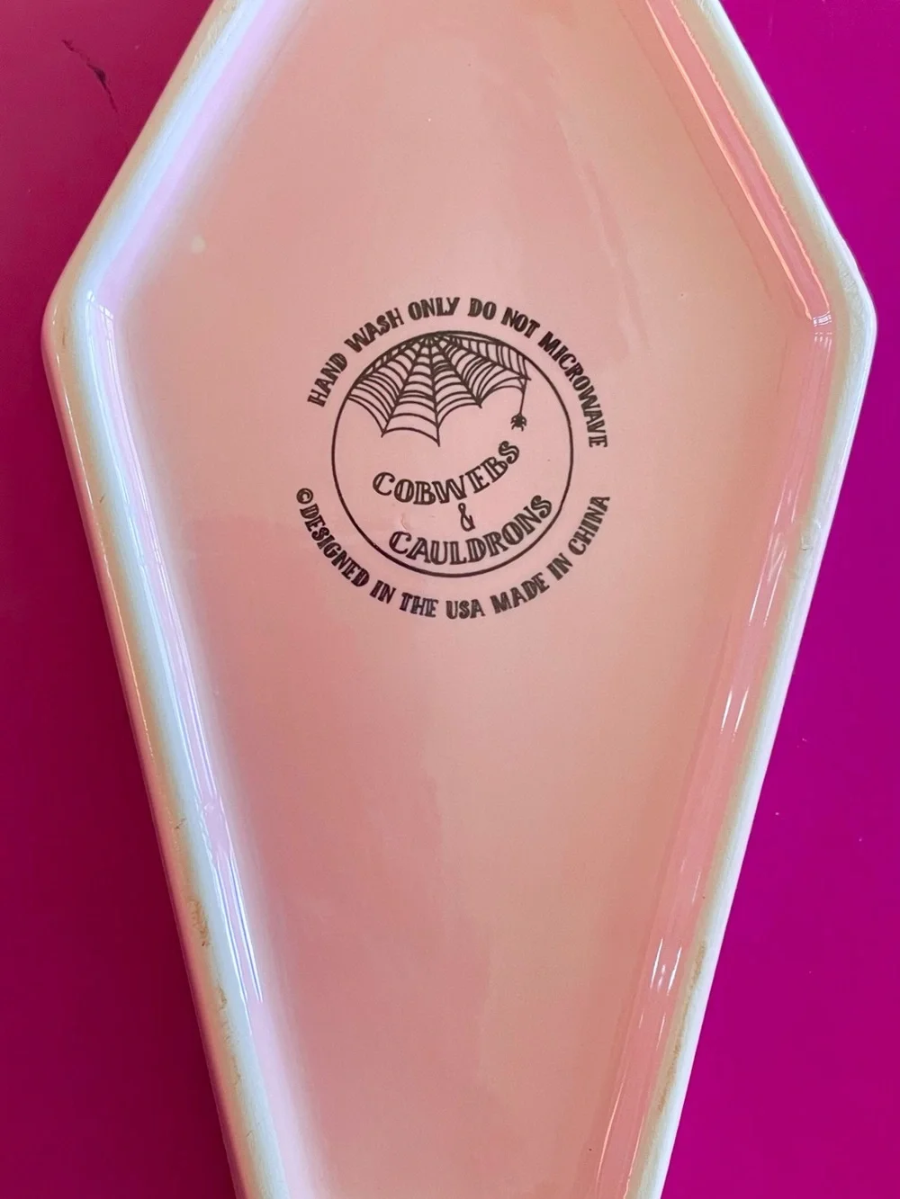 Cobwebs & Cauldrons Hand Painted “Here Lies Butter” Butter Dish Pink Black NWT
